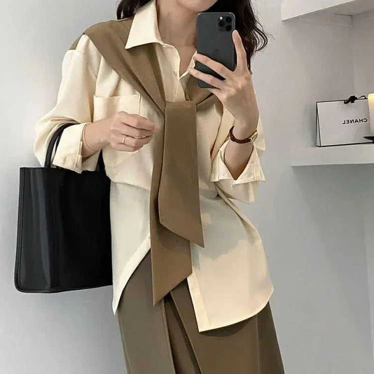 Chic Office Lapel Pocket Shirt High Waist Pants Two Piece Set