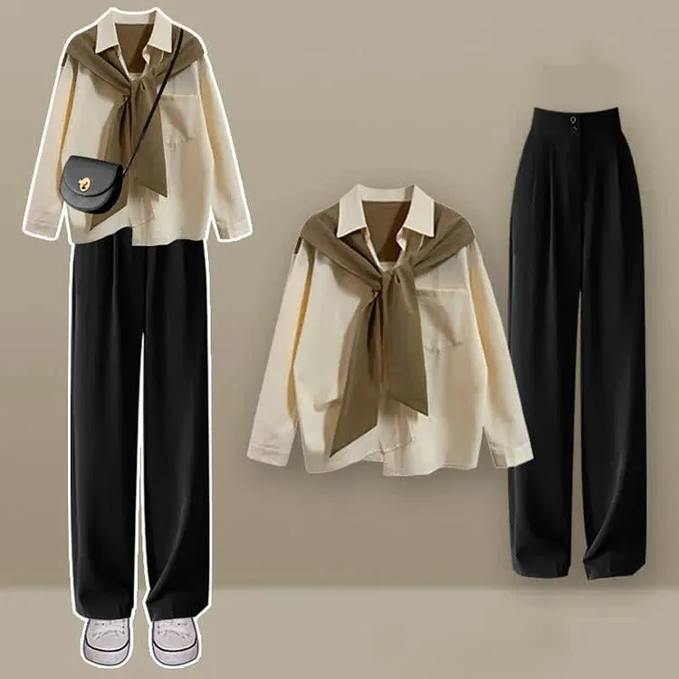 Chic Office Lapel Pocket Shirt High Waist Pants Two Piece Set