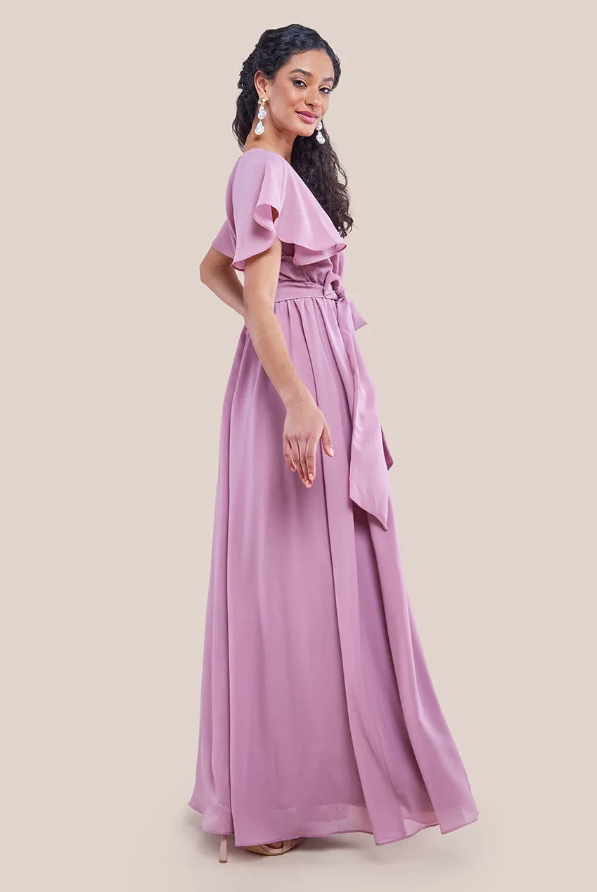 City Goddess Sustainable Chiffon Flutter Sleeve Wrap Maxi Dress