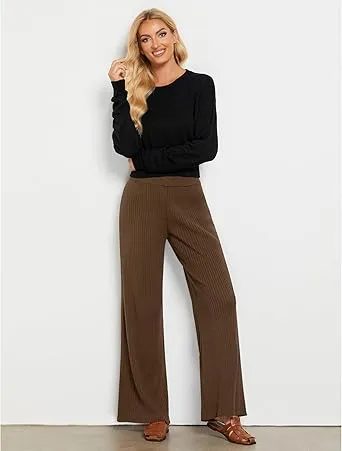 Coffee Brown Women's Casual Elastic Waist Full Length High Waisted Relaxed Fit Stretch Wide Leg Pants in Acrylic Fibers