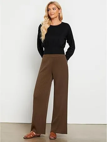 Coffee Brown Women's Casual Elastic Waist Full Length High Waisted Relaxed Fit Stretch Wide Leg Pants in Acrylic Fibers