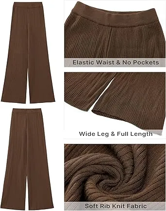 Coffee Brown Women's Casual Elastic Waist Full Length High Waisted Relaxed Fit Stretch Wide Leg Pants in Acrylic Fibers