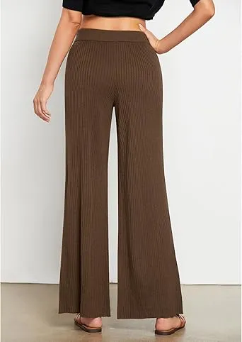 Coffee Brown Women's Casual Elastic Waist Full Length High Waisted Relaxed Fit Stretch Wide Leg Pants in Acrylic Fibers