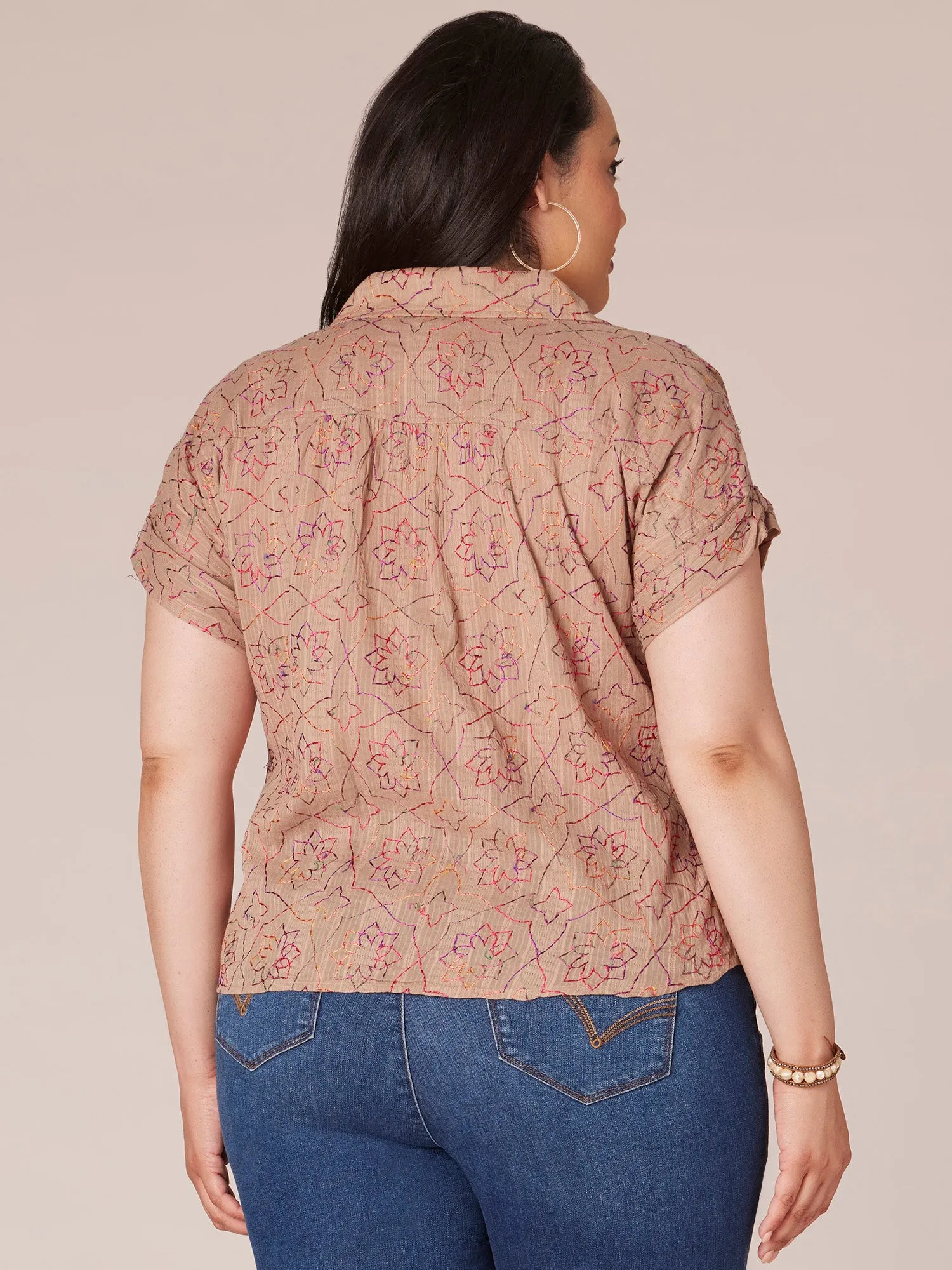 Cuffed Short Sleeve Johnny Collar Embroidered Plus Size Woven Top