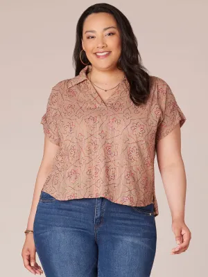 Cuffed Short Sleeve Johnny Collar Embroidered Plus Size Woven Top