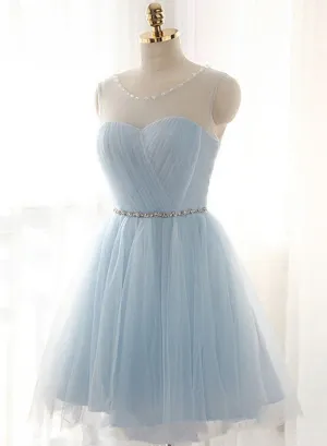 Cute Light Blue Homecoming Dress With Belt, Lovely Short Prom Dress