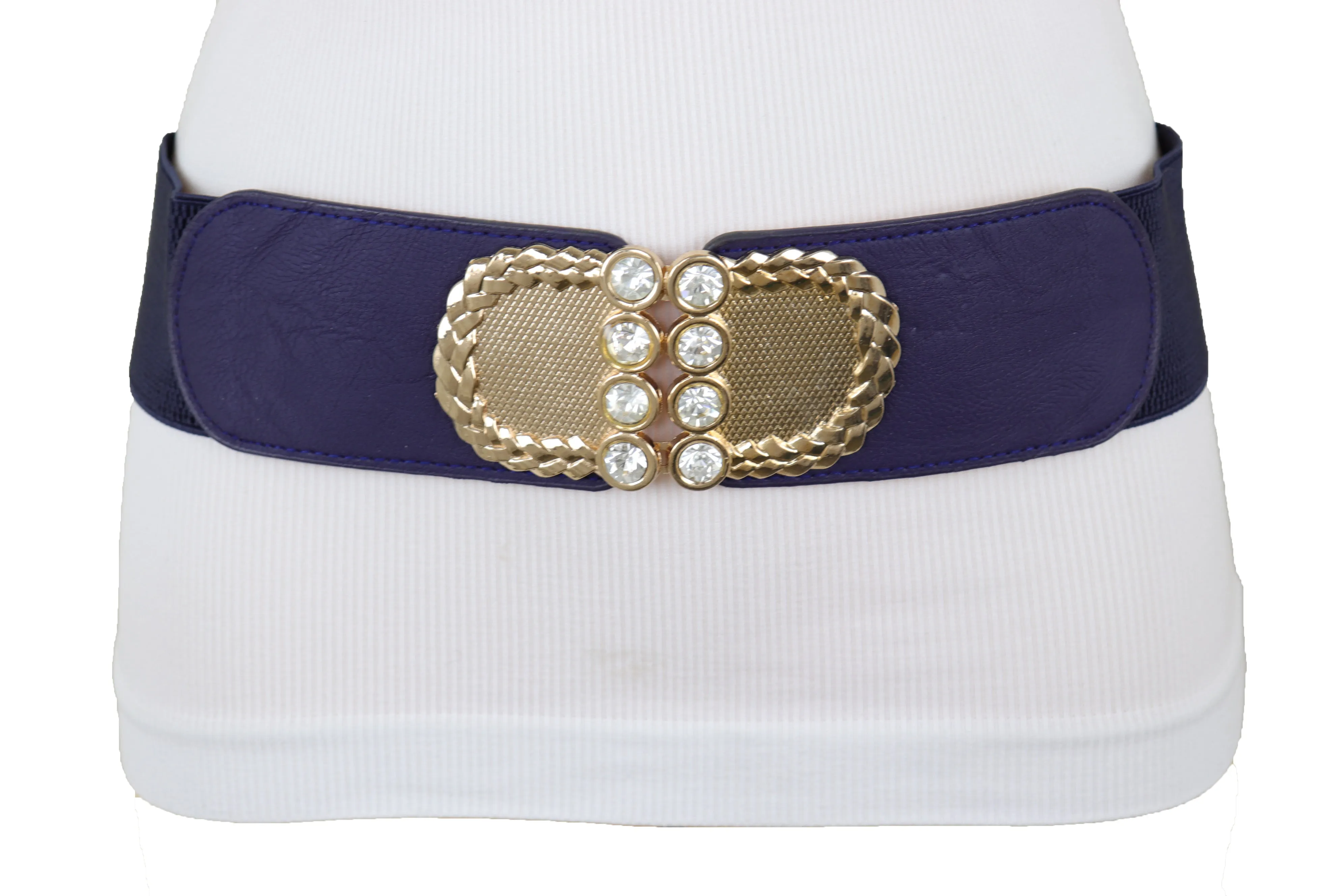 Dark Blue Elastic Belt Gold Metal Buckle Size S M