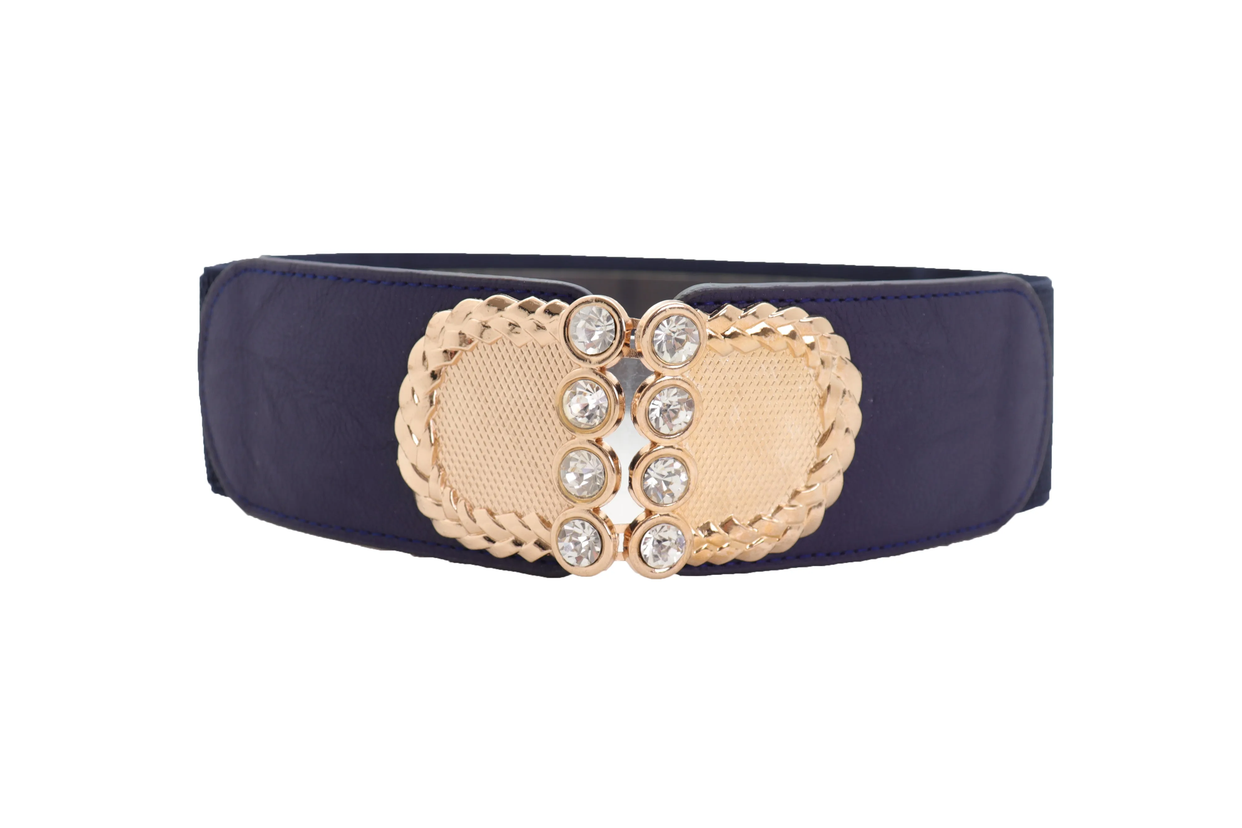 Dark Blue Elastic Belt Gold Metal Buckle Size S M