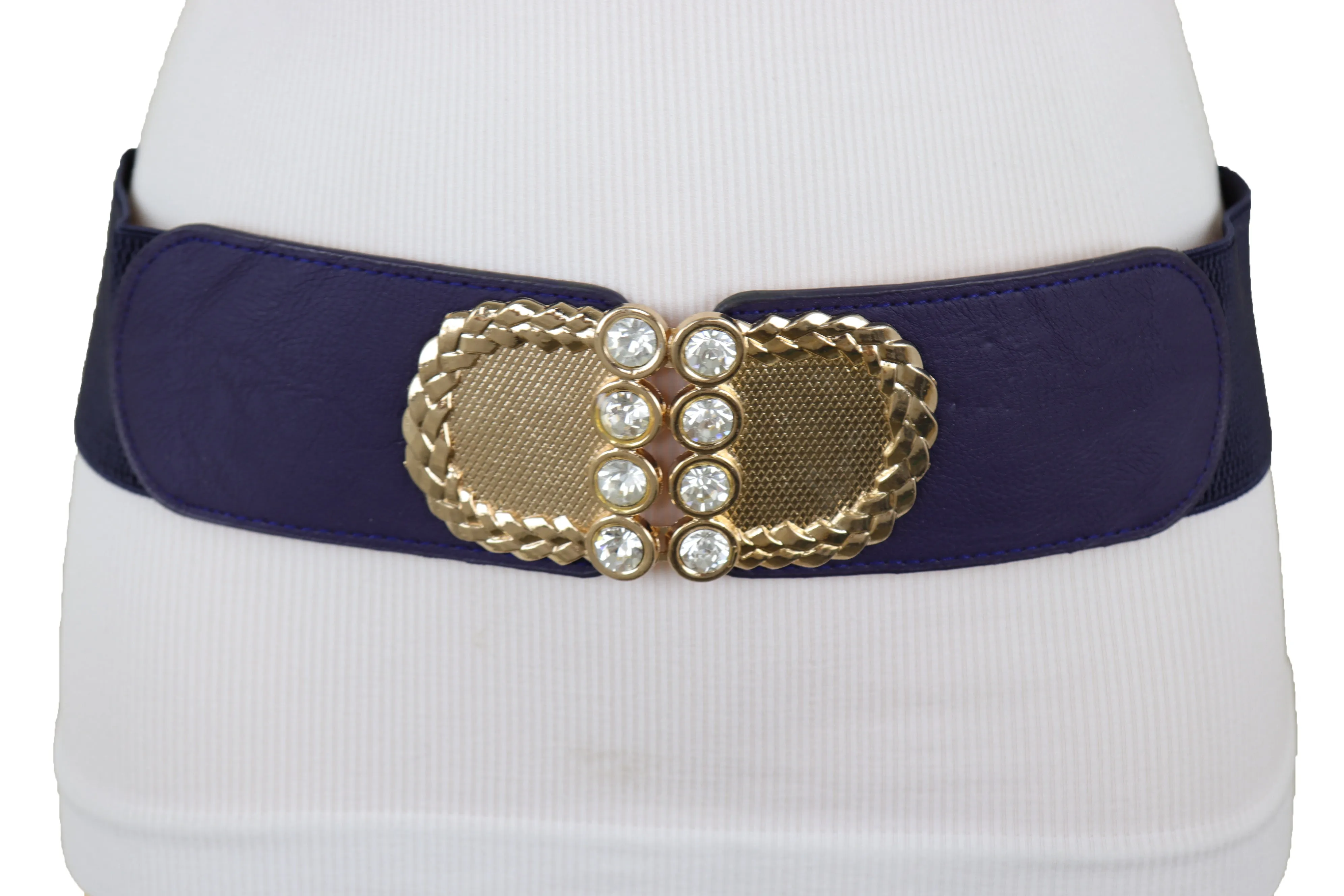 Dark Blue Elastic Belt Gold Metal Buckle Size S M