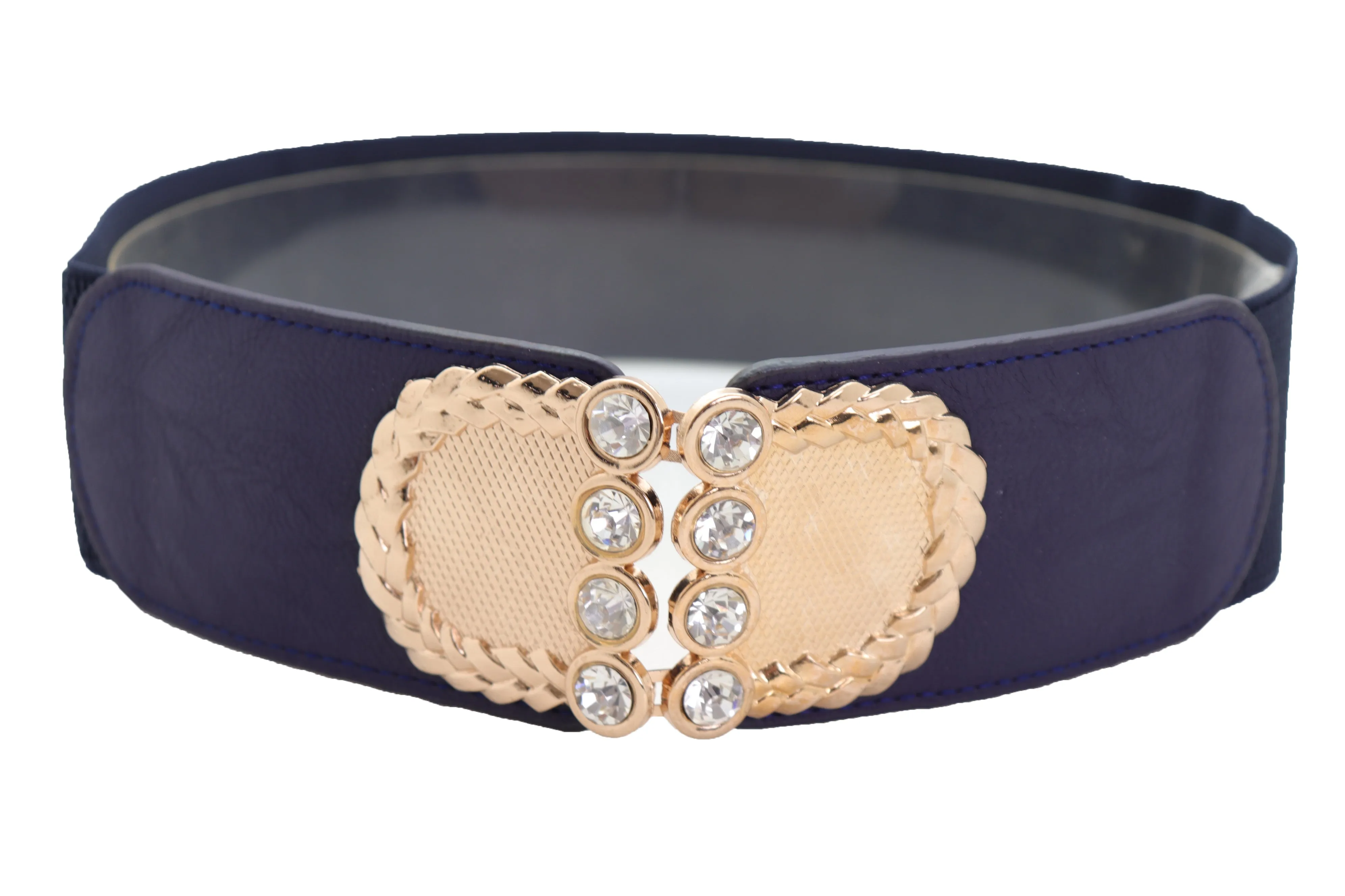 Dark Blue Elastic Belt Gold Metal Buckle Size S M