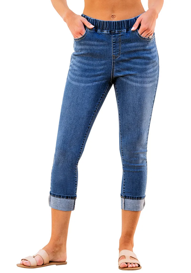 Darkness Blue Women's High Waisted Elastic Slight Stretch Denim Pull On Cuffed Hem Capri Jeans Denim Pants