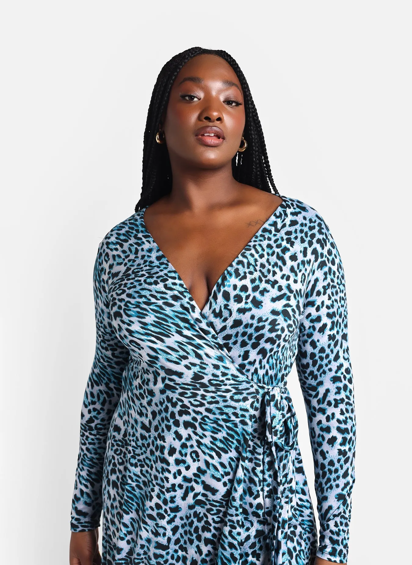 Darla Blue Leopard Midi Wrap Dress