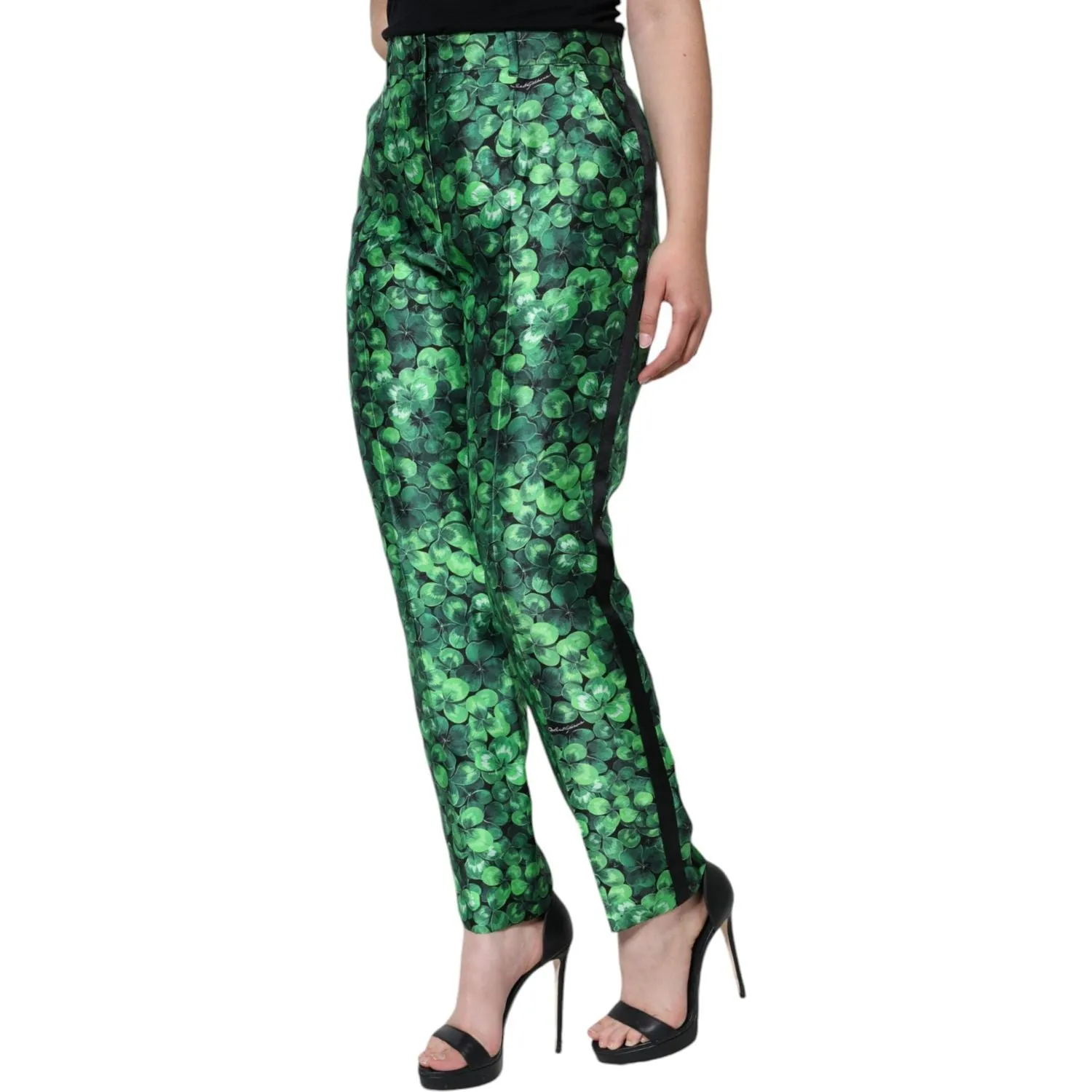 Dolce & Gabbana Green Clover Silk Satin High Waist Tapered Pants