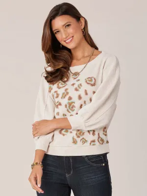 Dolman Sleeve Scoop Neck Mixed Media Printed Knit Top