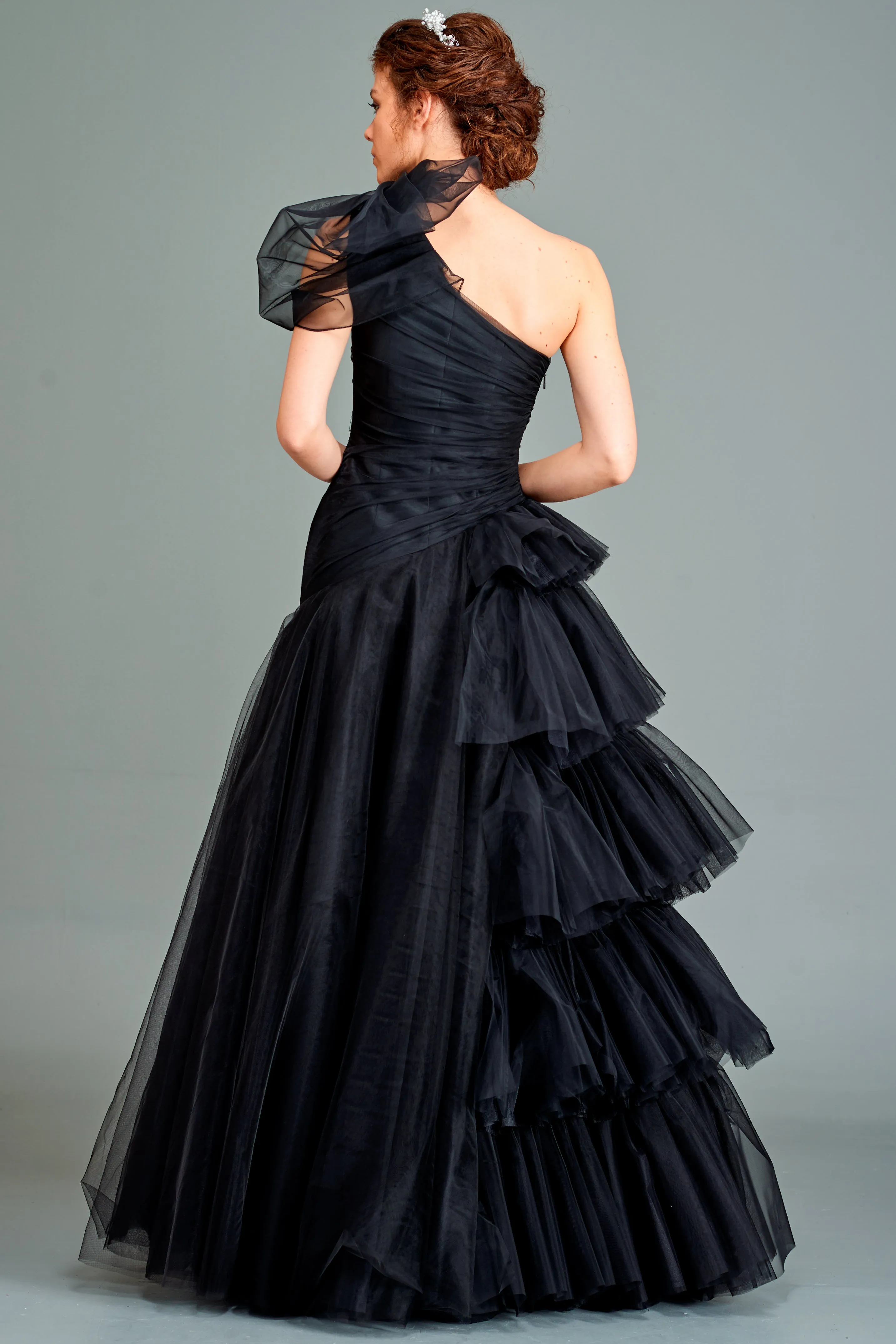 Draped Layered Tulle Gown