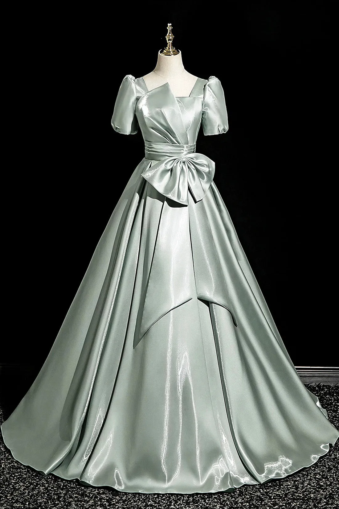 Elegant Satin Floor Length Prom Dress, Green Short Sleeve Evening Party Dress