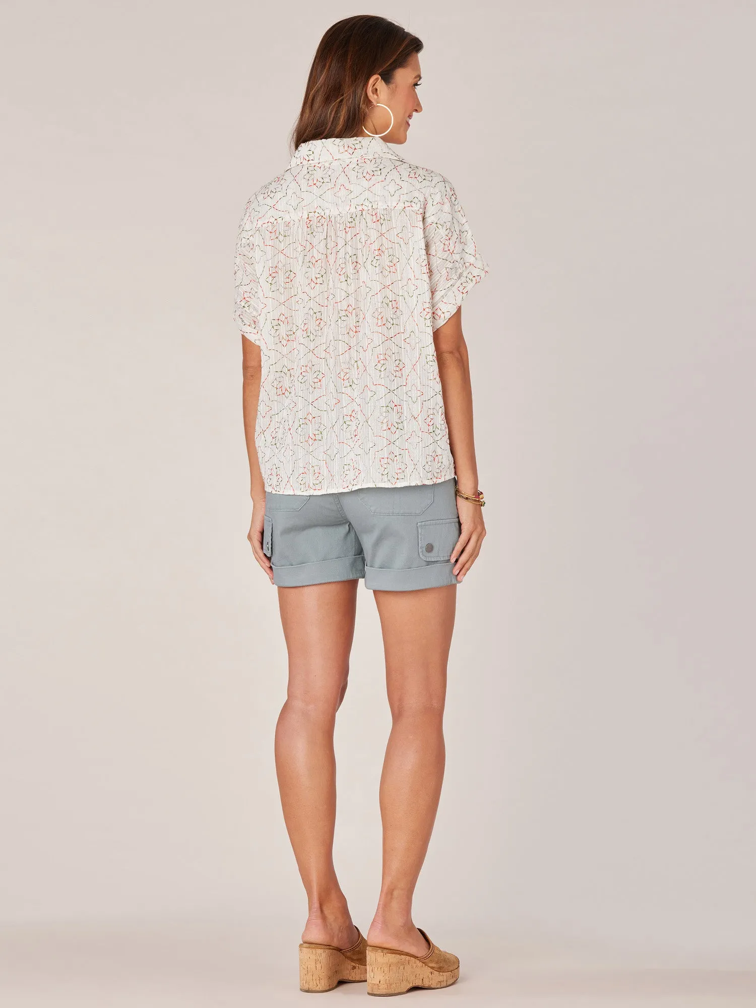 Extended Short Sleeve Johnny Collar Hi-Low Hem Woven Top