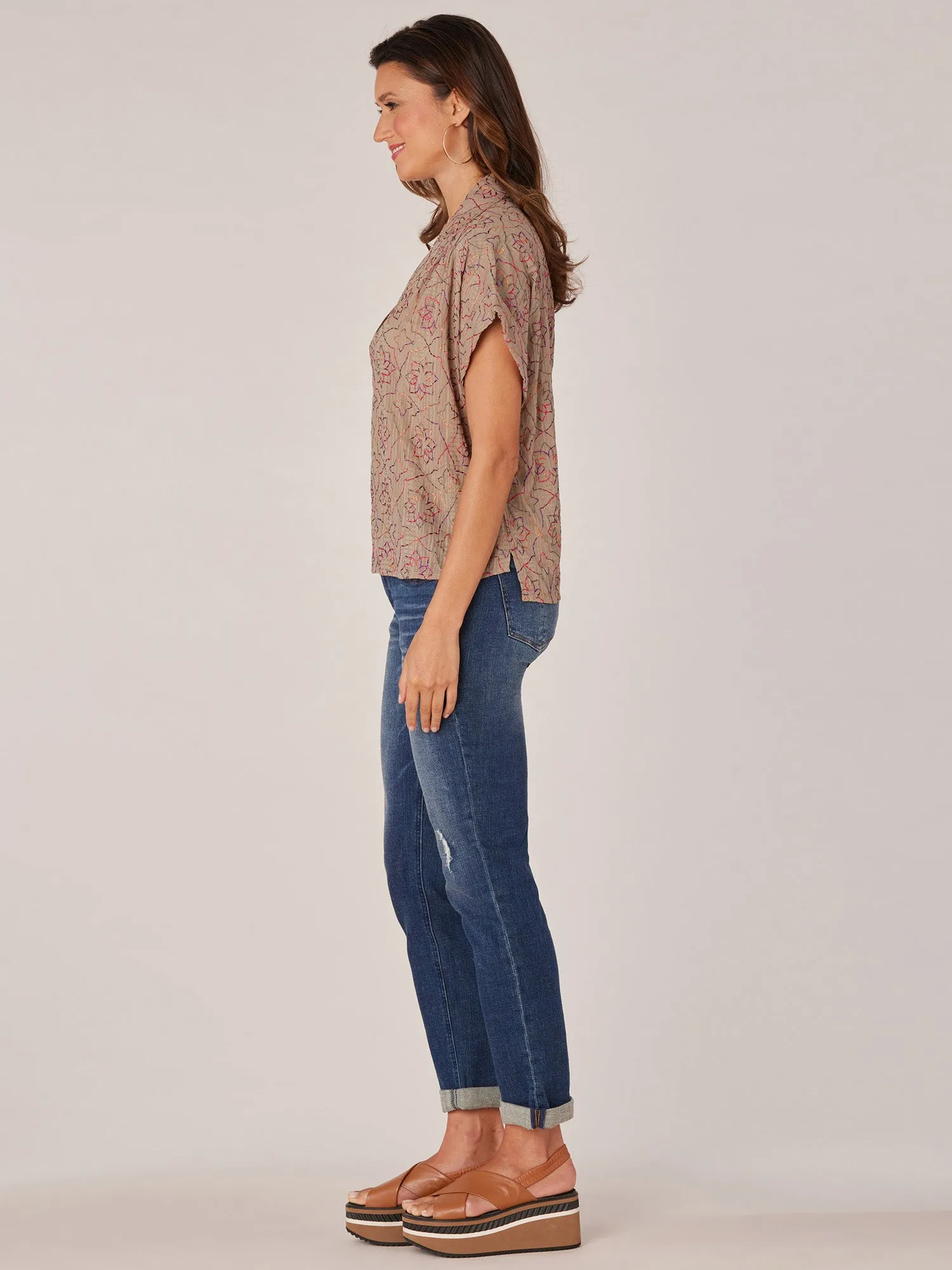 Extended Short Sleeve Johnny Collar Hi-Low Hem Woven Top