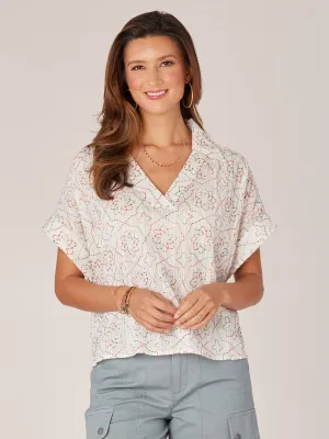 Extended Short Sleeve Johnny Collar Hi-Low Hem Woven Top