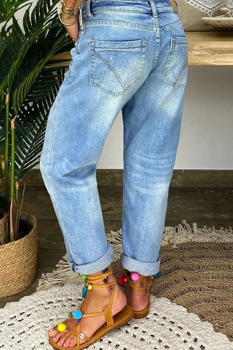 Fashion Street Patchwork Ripped High Waist Denim Jeans