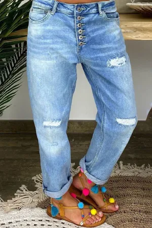 Fashion Street Patchwork Ripped High Waist Denim Jeans