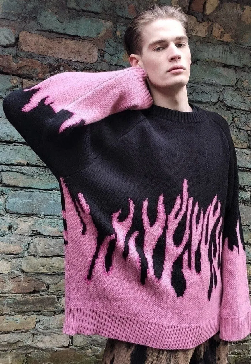 Flame knitwear sweater loose fit fire jumper in bright pink