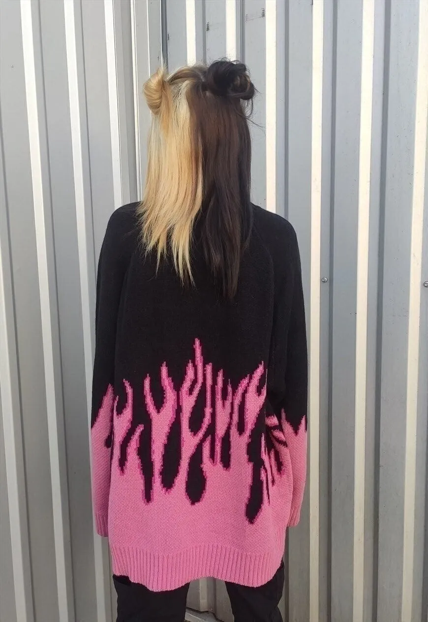 Flame knitwear sweater loose fit fire jumper in bright pink