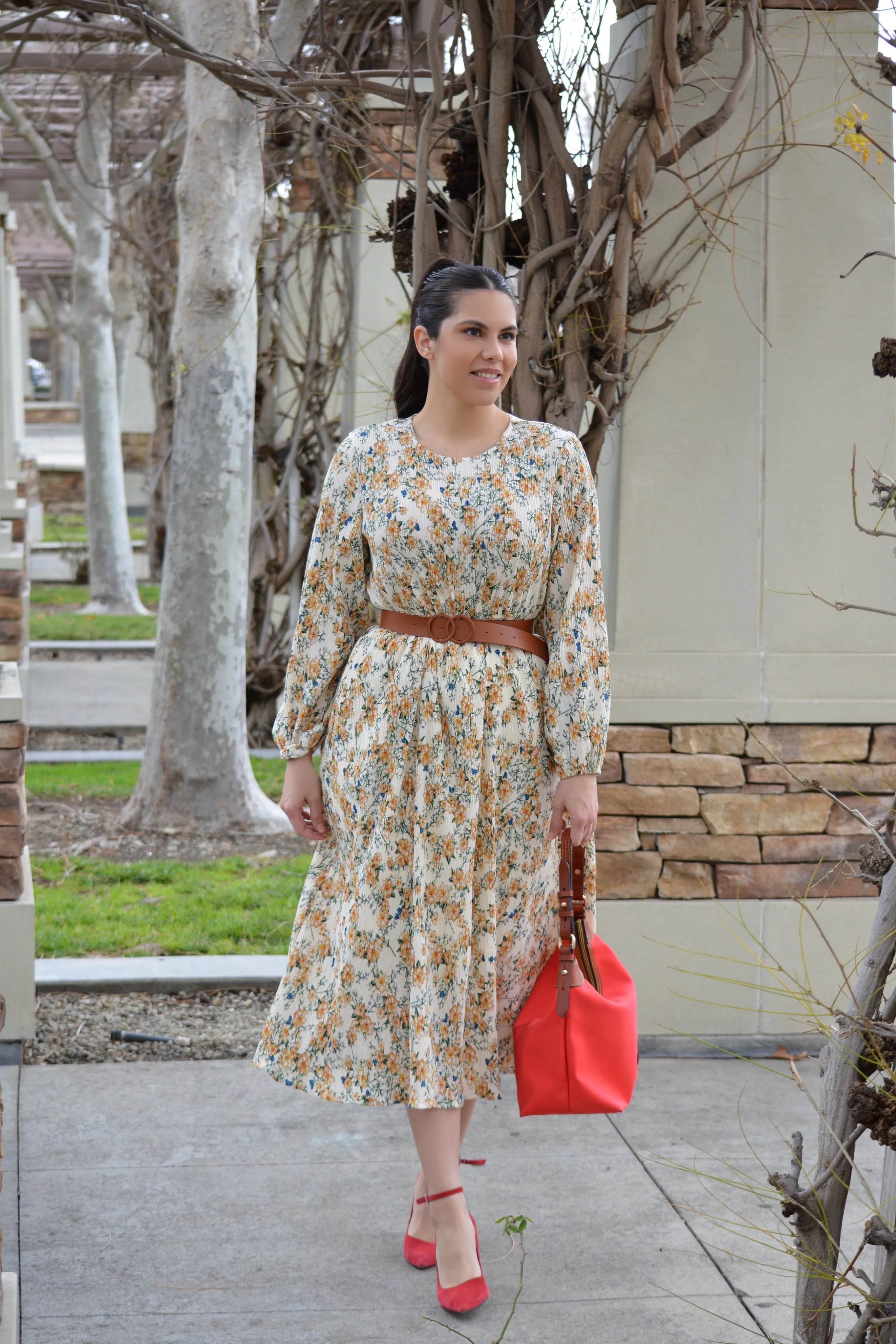 Flora Cream Floral Midi Dress