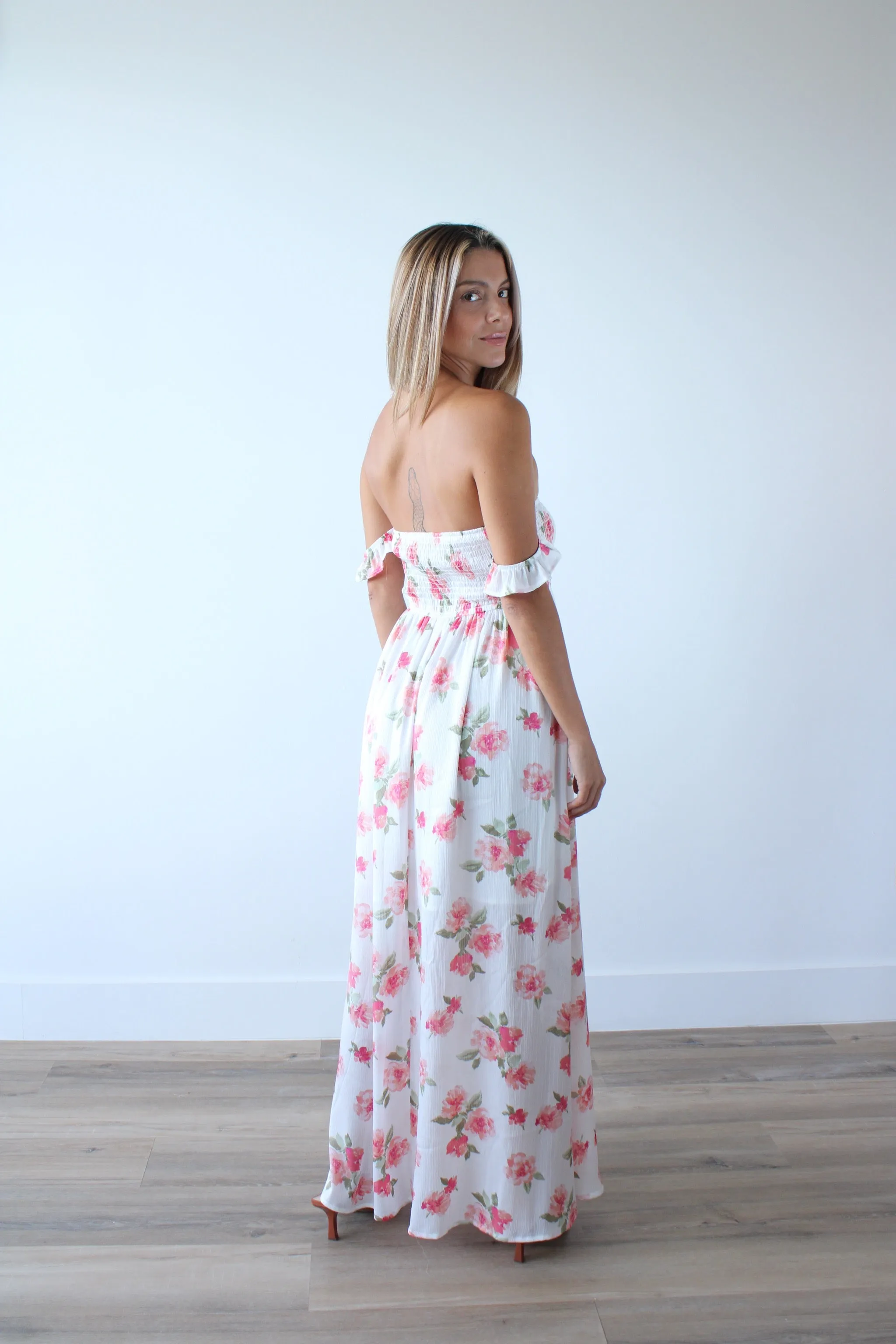 Floral Sweetheart Smock Ruffle Sleeve Maxi Dress