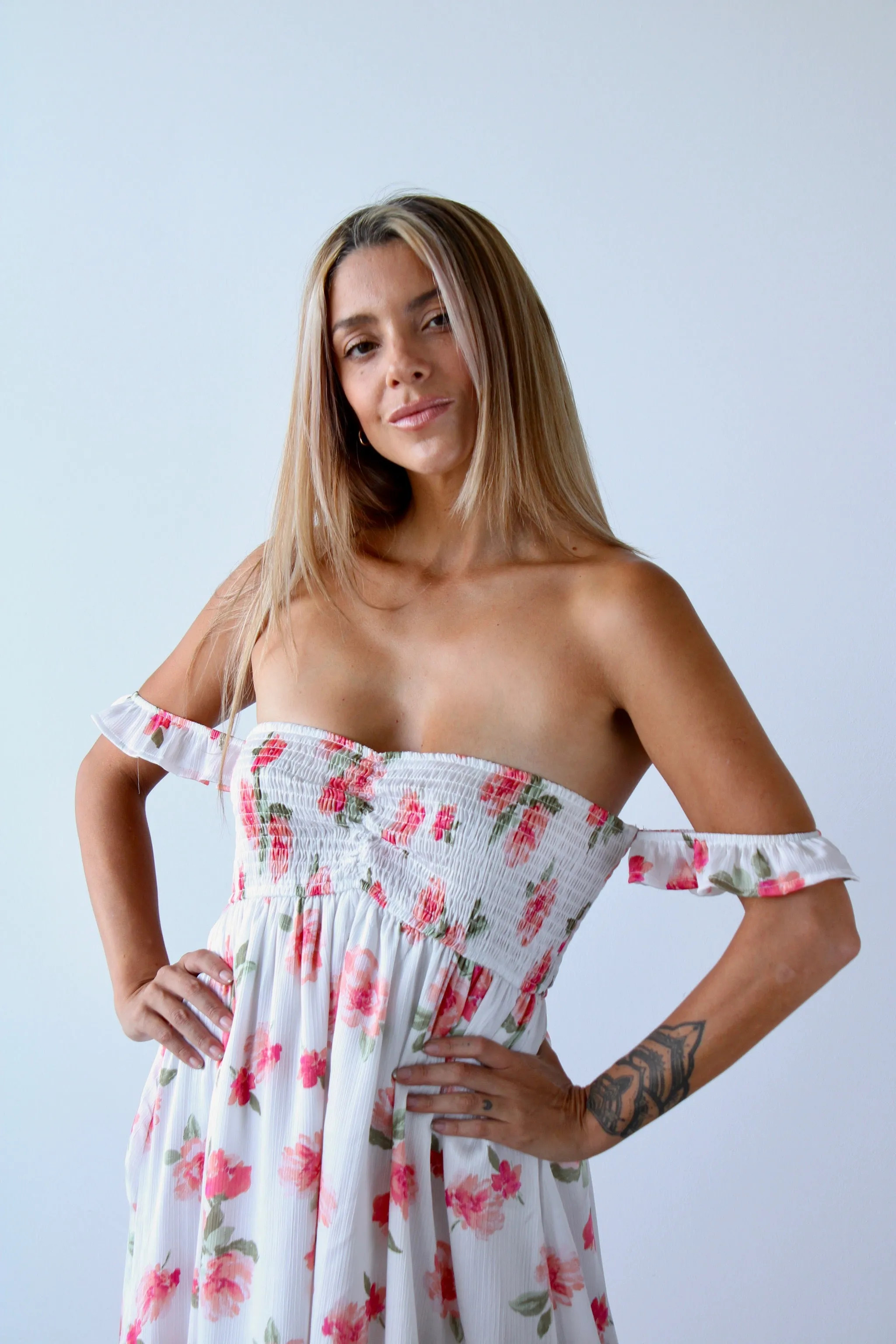 Floral Sweetheart Smock Ruffle Sleeve Maxi Dress