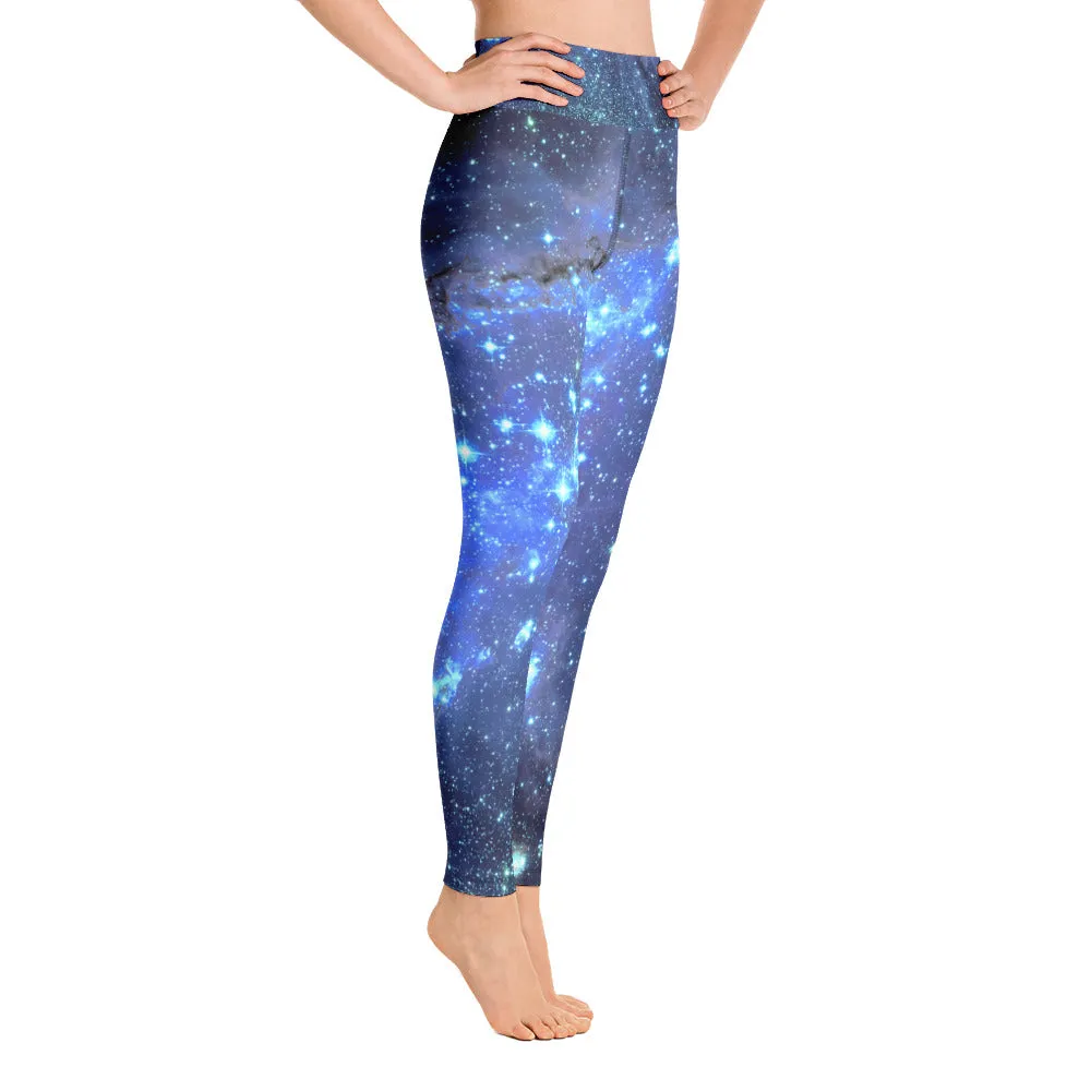 Galaxy Leggings, Yoga Space Print Pants, Blue Cosmic Celestial Constellation Outer Star Royal High Rise Waisted Workout Leggings