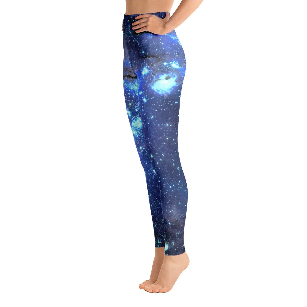 Galaxy Leggings, Yoga Space Print Pants, Blue Cosmic Celestial Constellation Outer Star Royal High Rise Waisted Workout Leggings