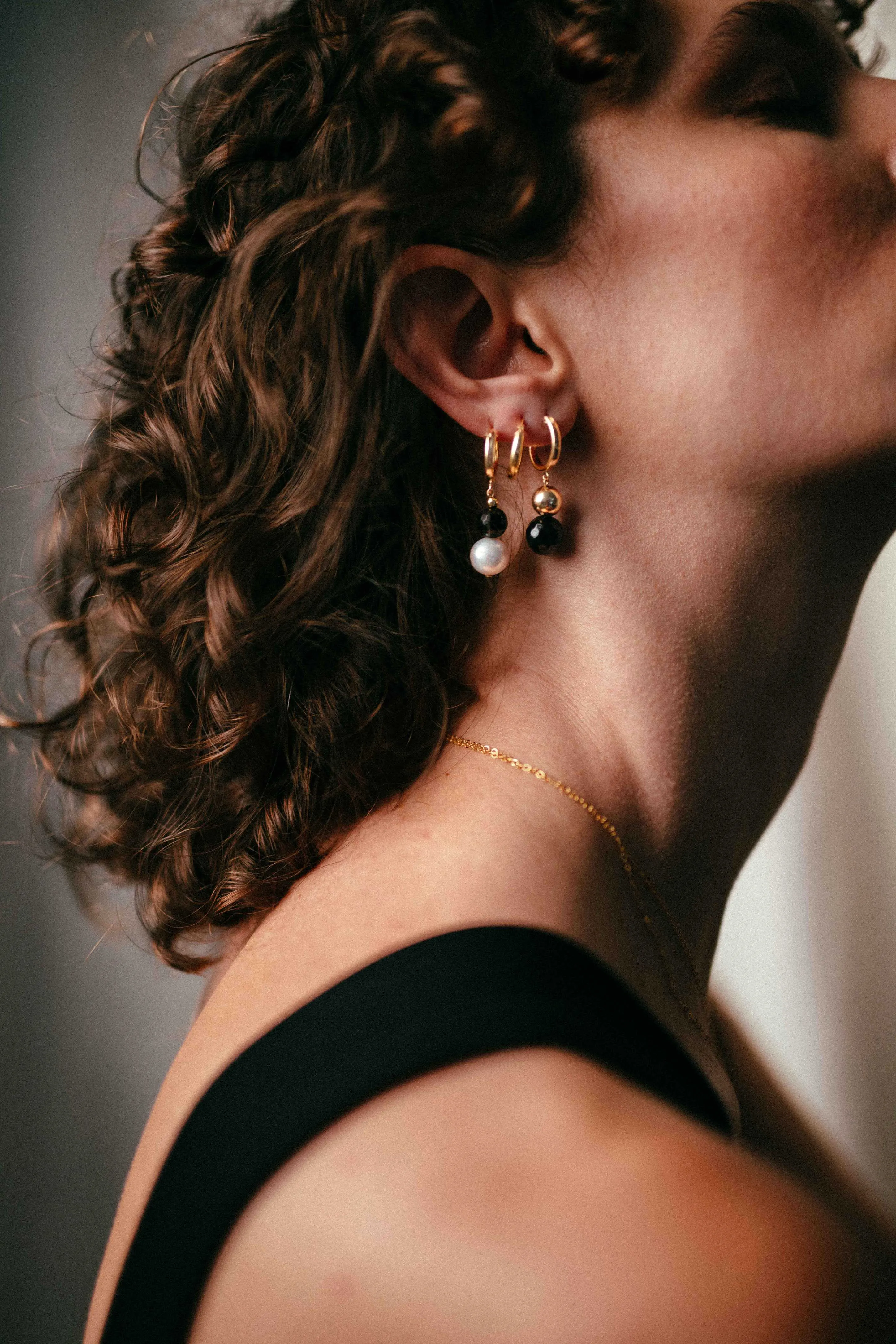 Gold Filled Ball & Black Agate Clip Hoop Earrings