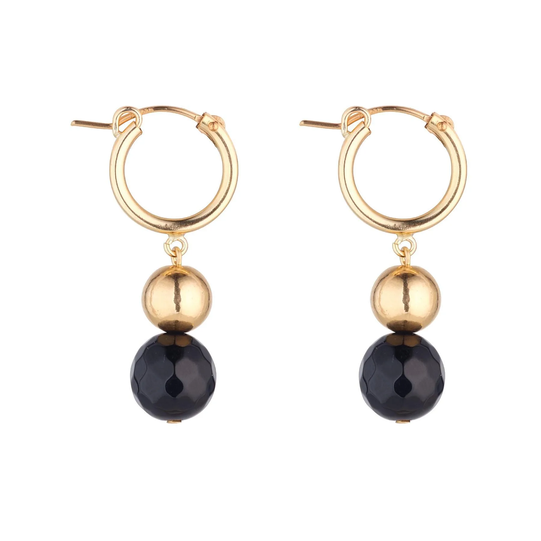 Gold Filled Ball & Black Agate Clip Hoop Earrings