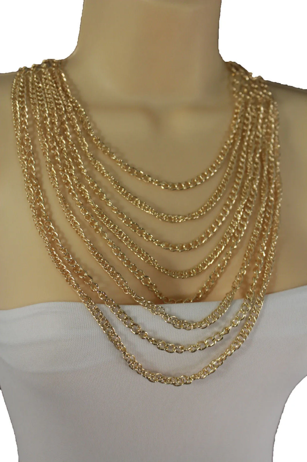 Gold Metal Chains Links 8 Strands Long Necklace