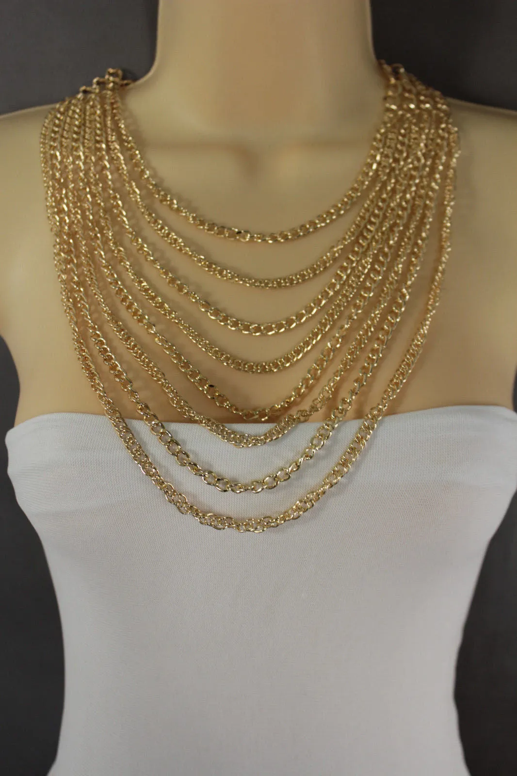 Gold Metal Chains Links 8 Strands Long Necklace