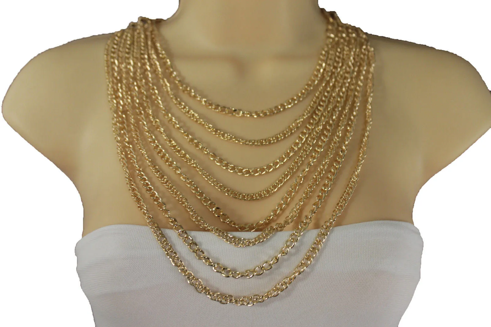 Gold Metal Chains Links 8 Strands Long Necklace