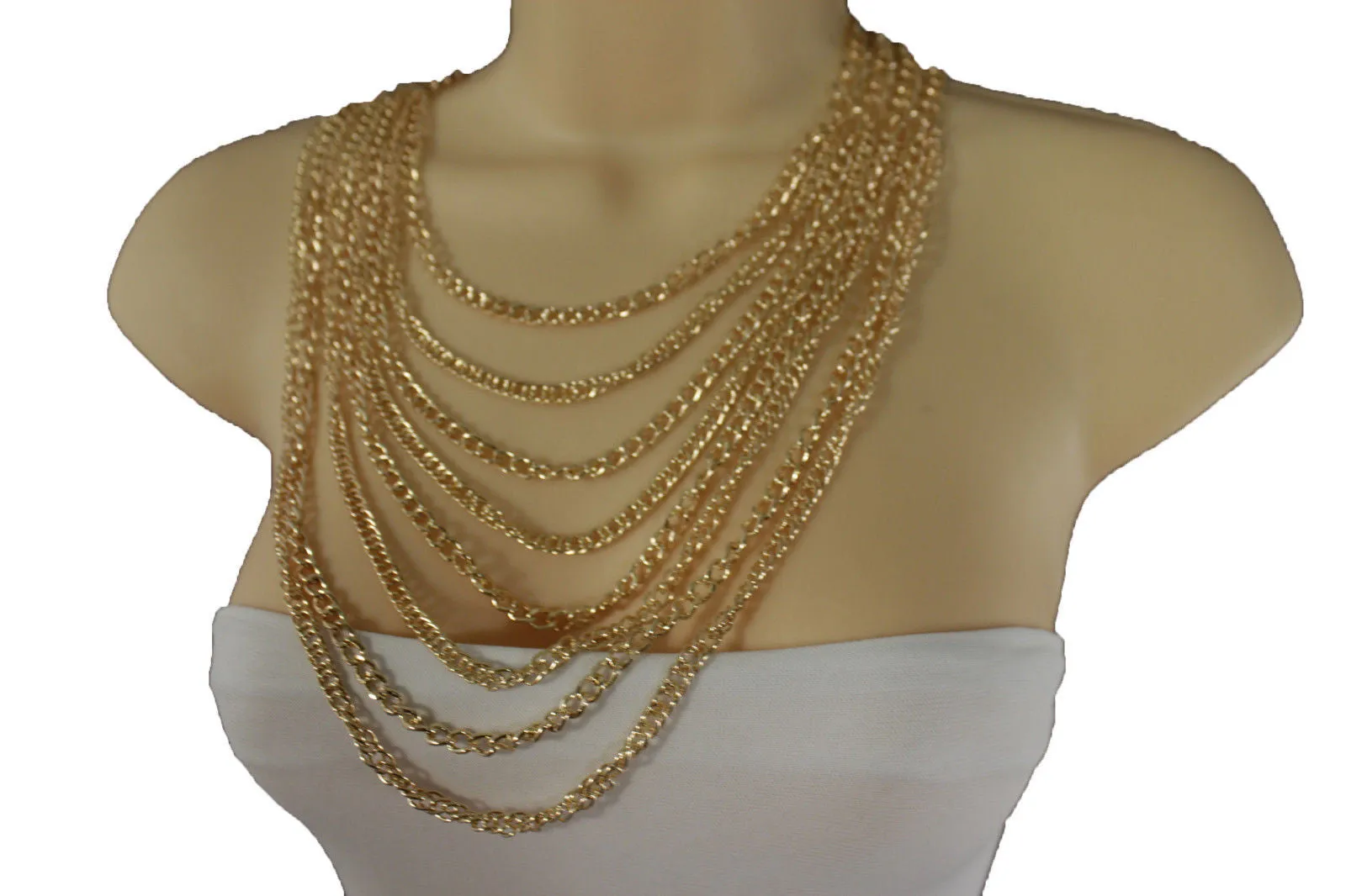 Gold Metal Chains Links 8 Strands Long Necklace