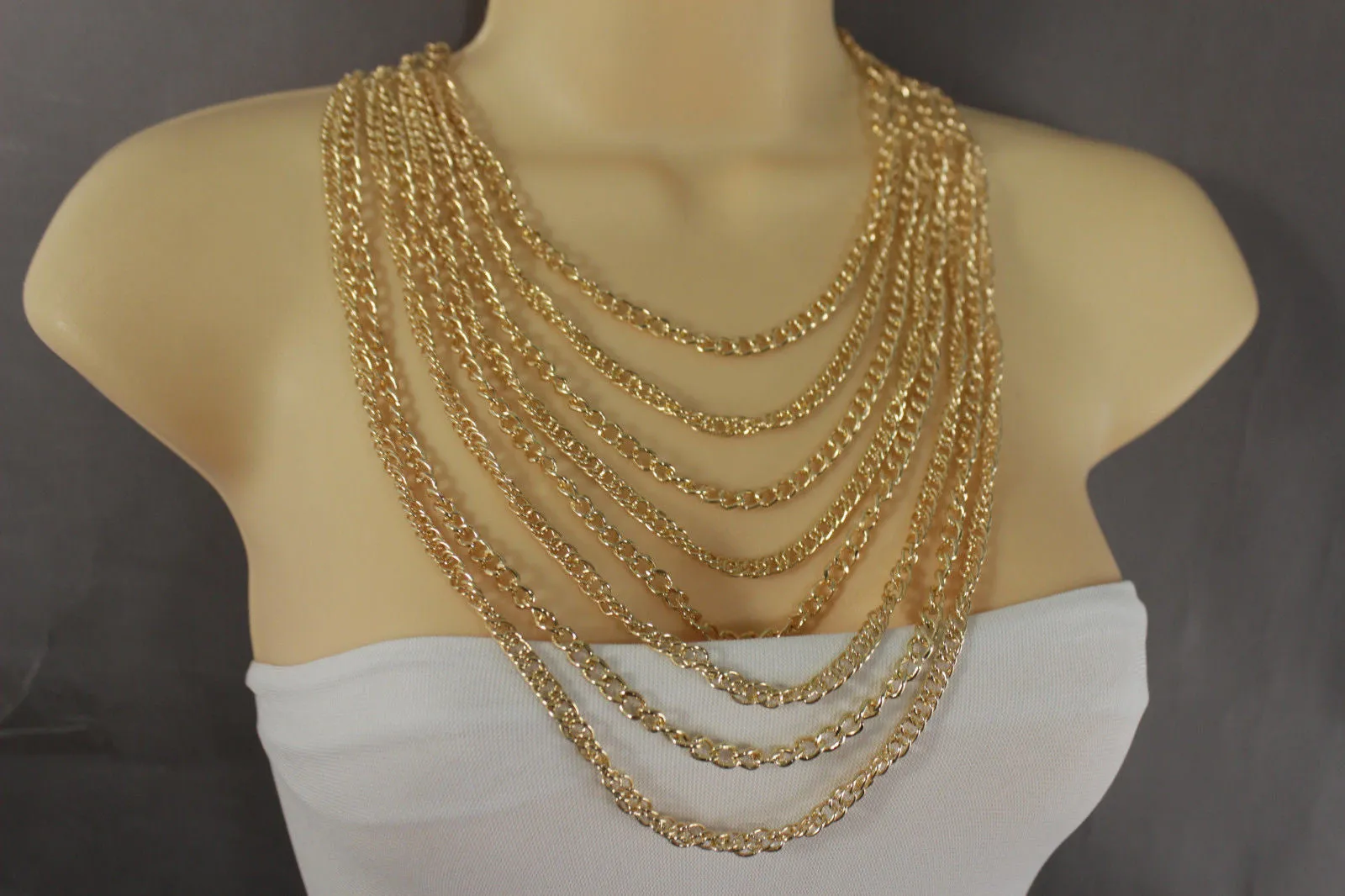 Gold Metal Chains Links 8 Strands Long Necklace