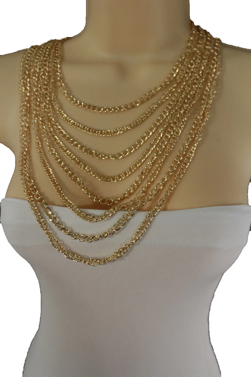 Gold Metal Chains Links 8 Strands Long Necklace