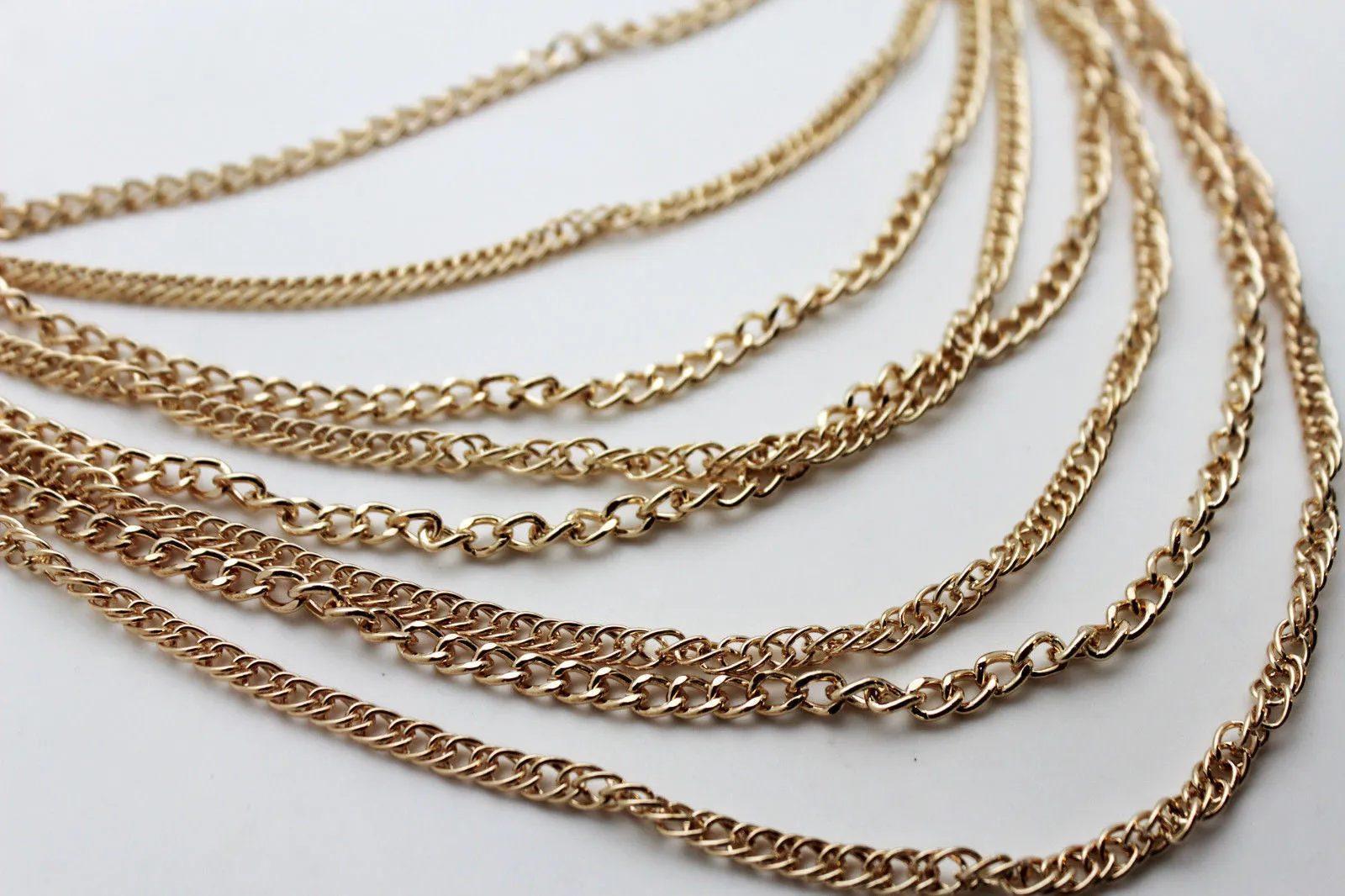 Gold Metal Chains Links 8 Strands Long Necklace