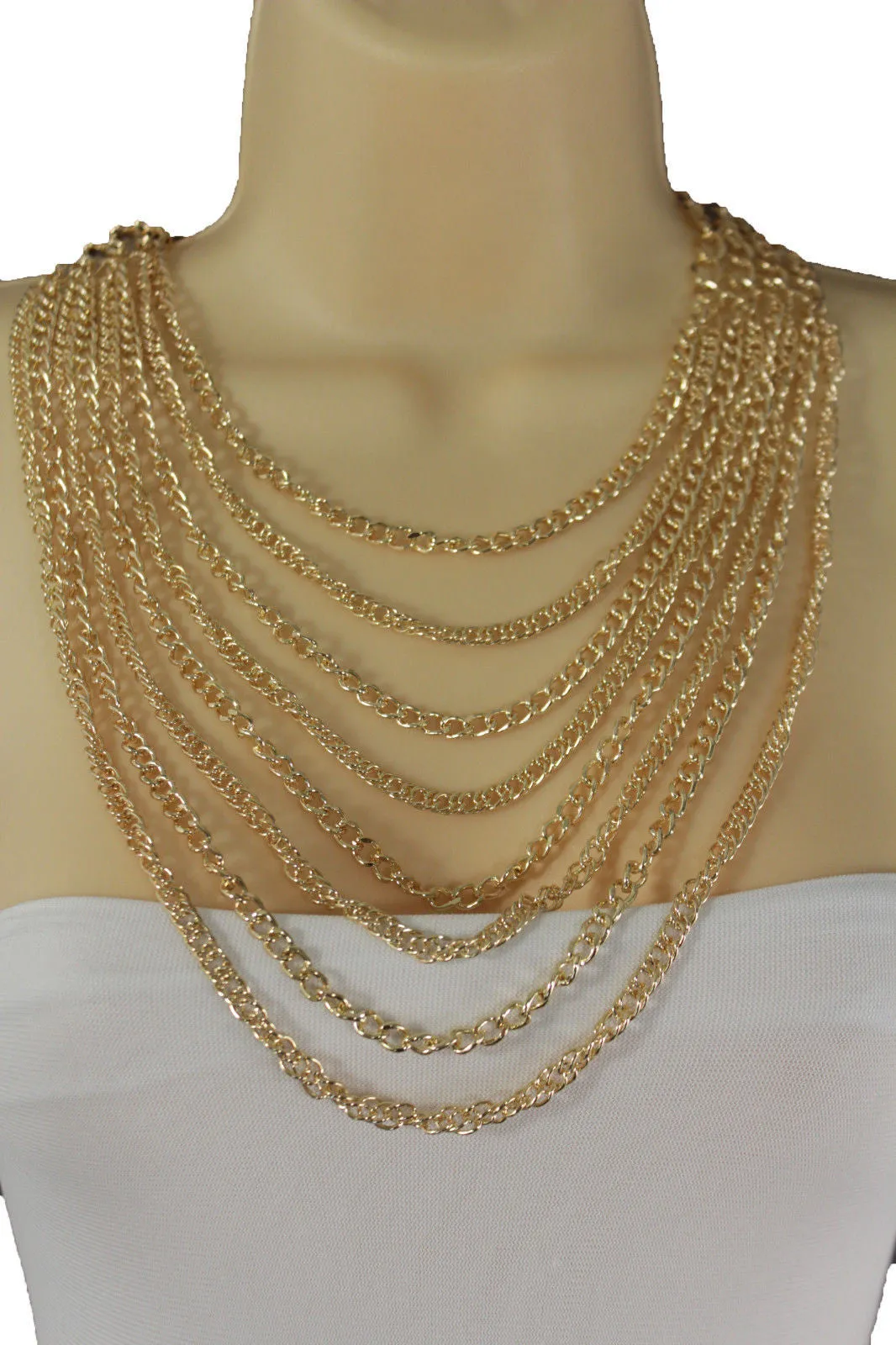 Gold Metal Chains Links 8 Strands Long Necklace