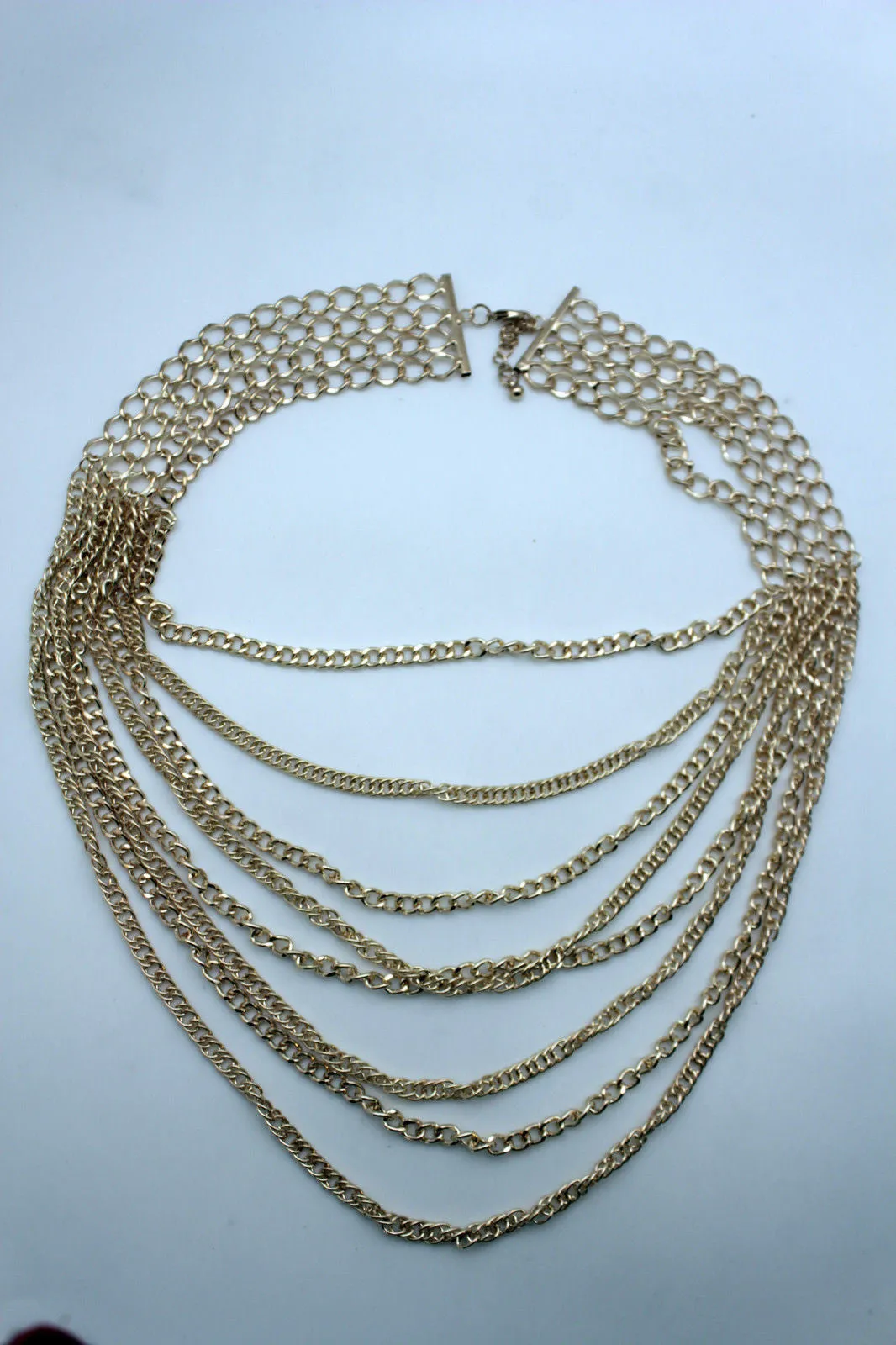 Gold Metal Chains Links 8 Strands Long Necklace