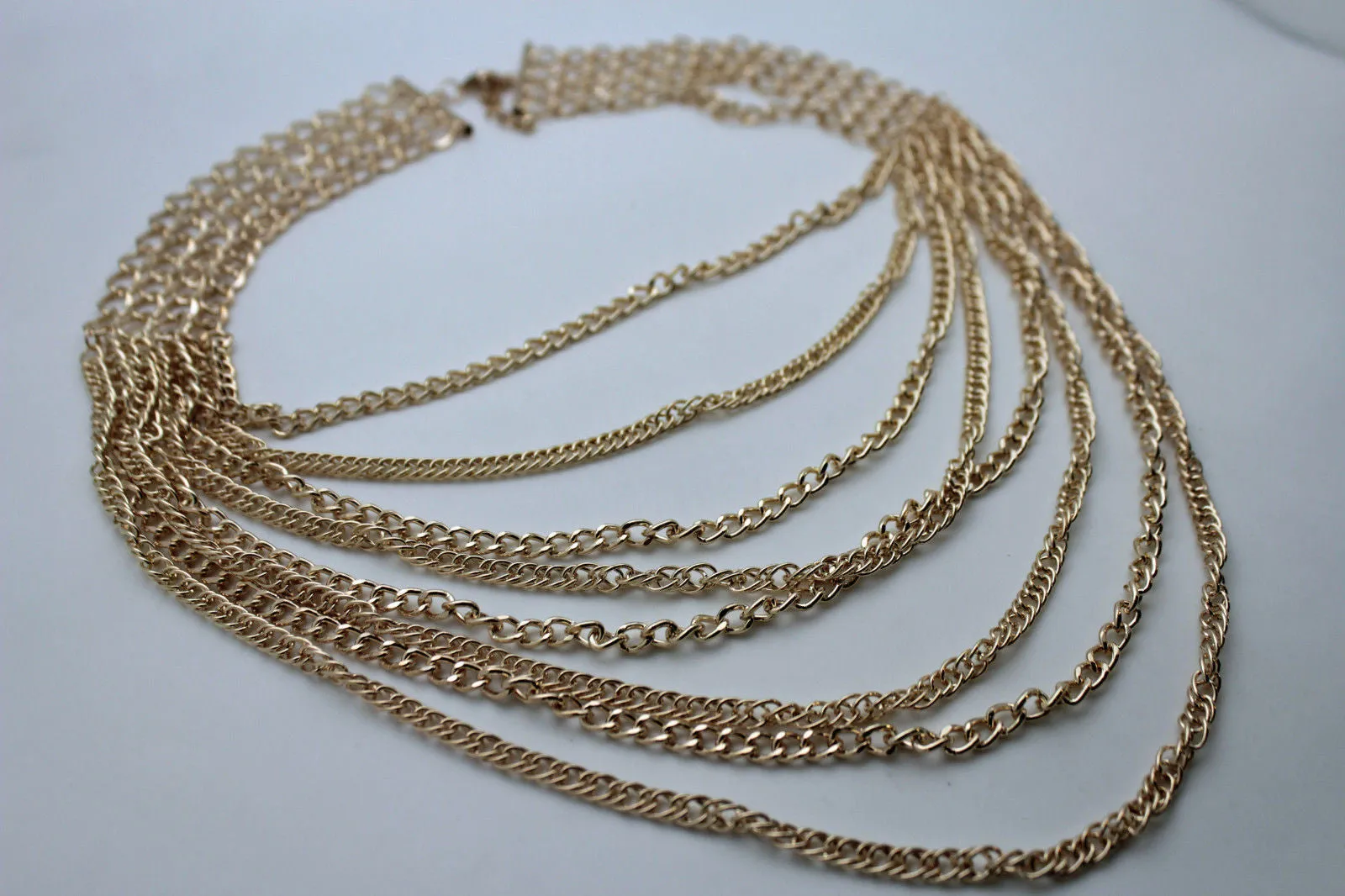 Gold Metal Chains Links 8 Strands Long Necklace