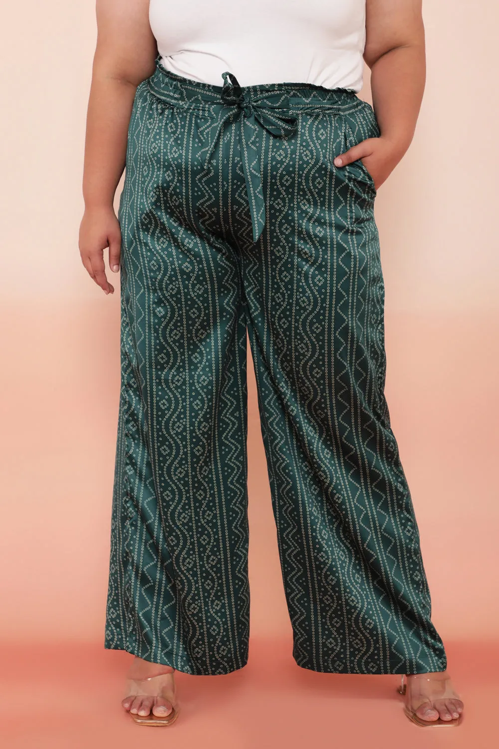 Green Bandhej Inspired High Waist Satin Pants