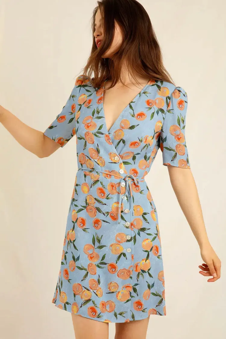 Groovy Fruit Printed Puff Sleeve French Style Wrap Mini Dress -Blue