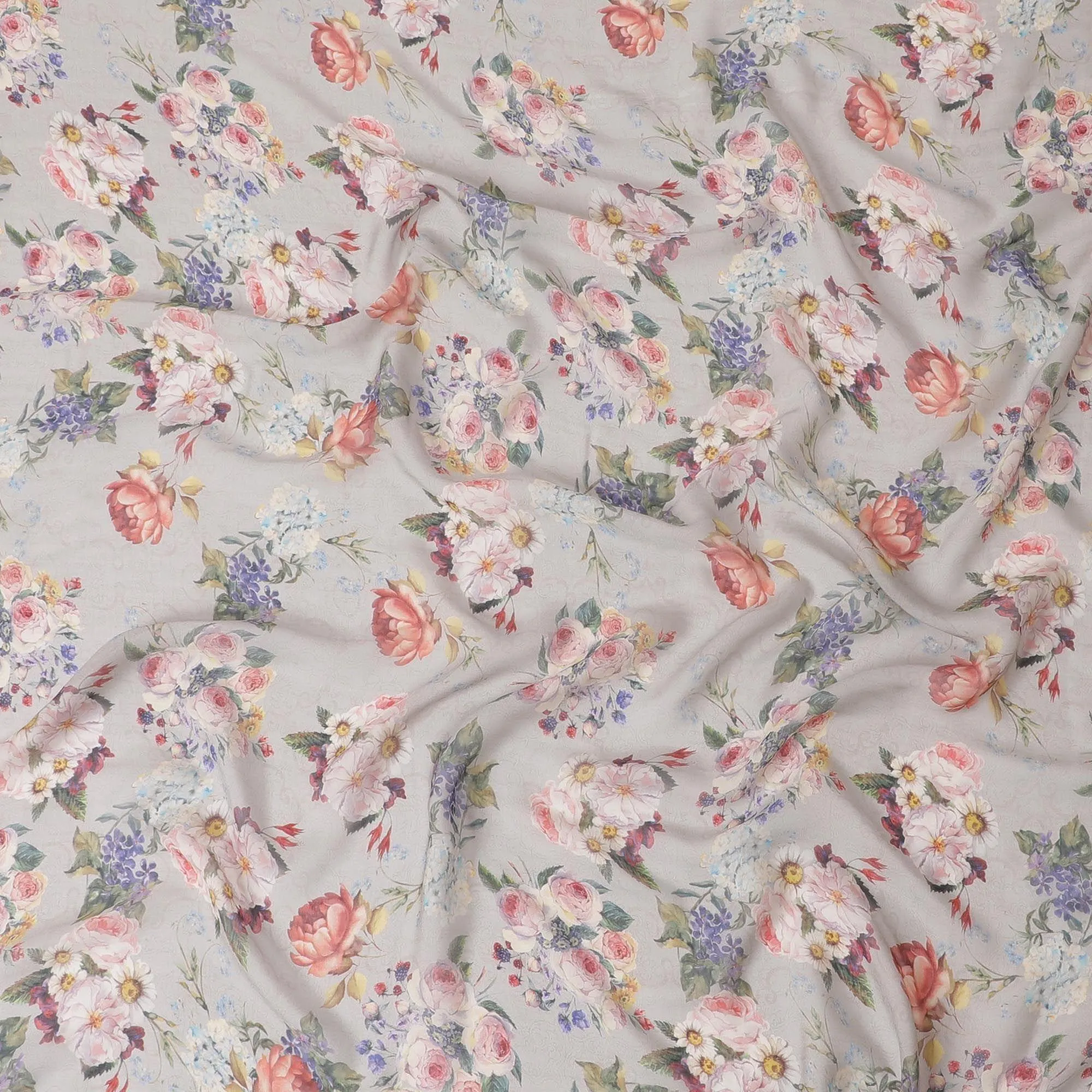 Harbor grey silk chiffon fabric with purple, olive green, beige and flamingo pink print in floral design-D6269