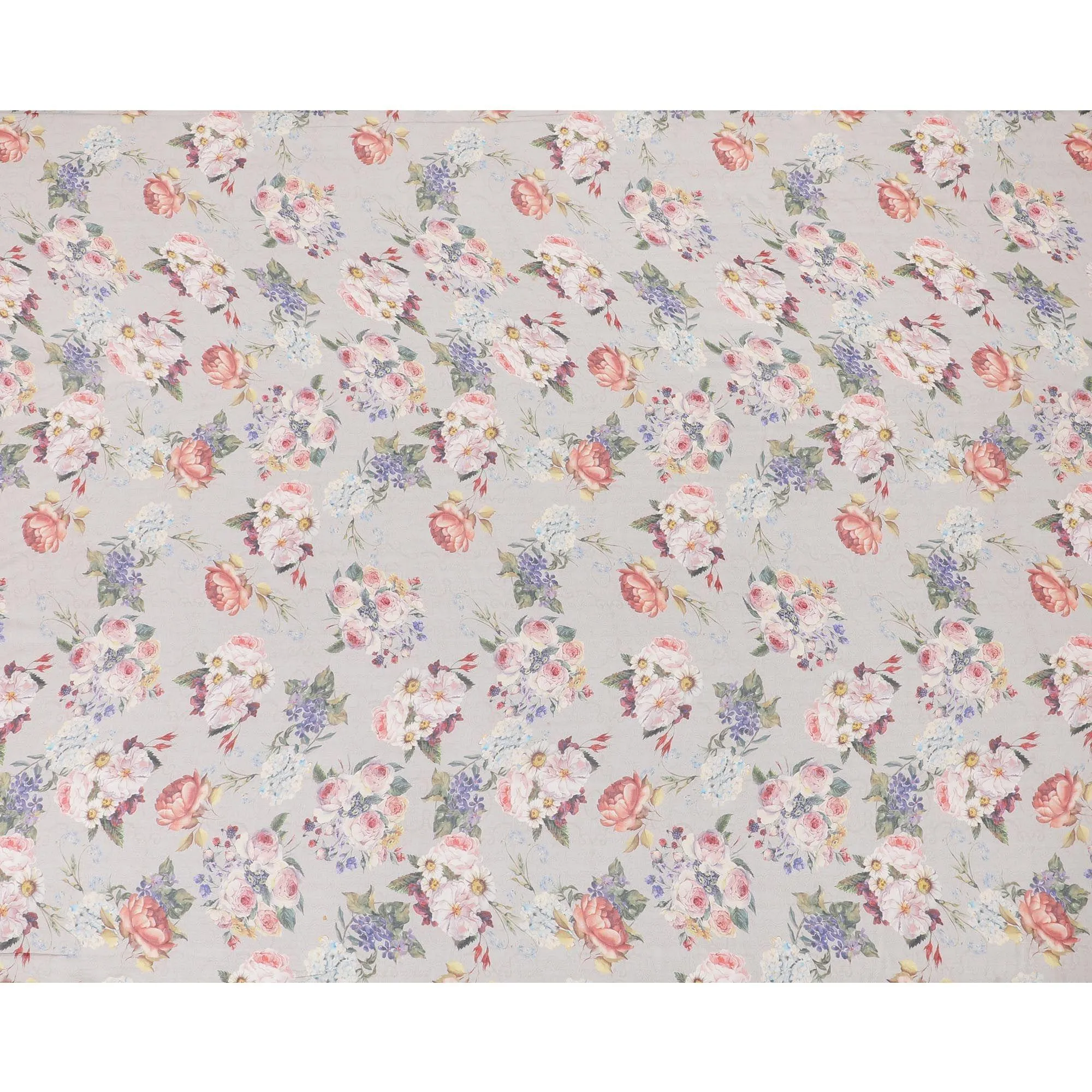 Harbor grey silk chiffon fabric with purple, olive green, beige and flamingo pink print in floral design-D6269