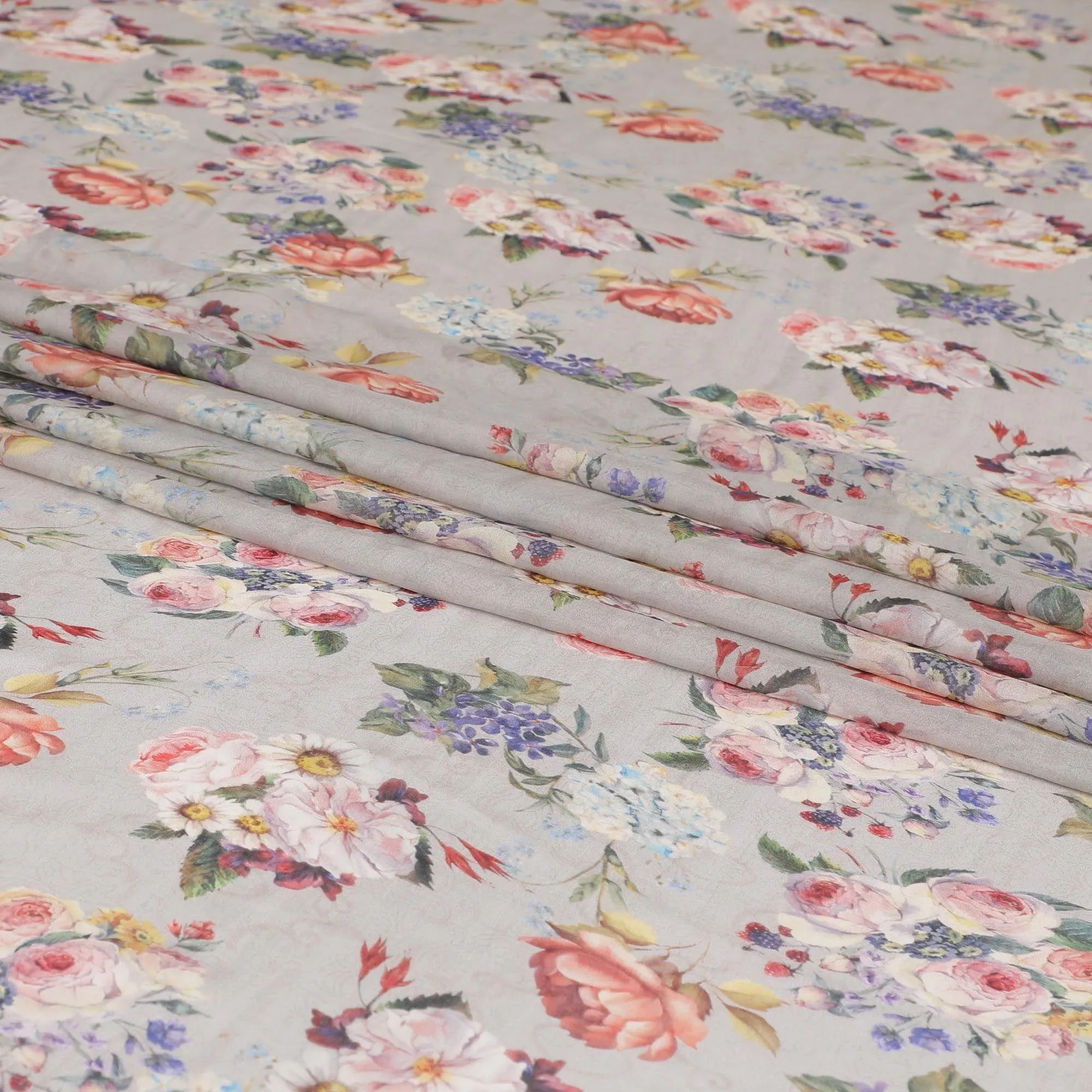 Harbor grey silk chiffon fabric with purple, olive green, beige and flamingo pink print in floral design-D6269