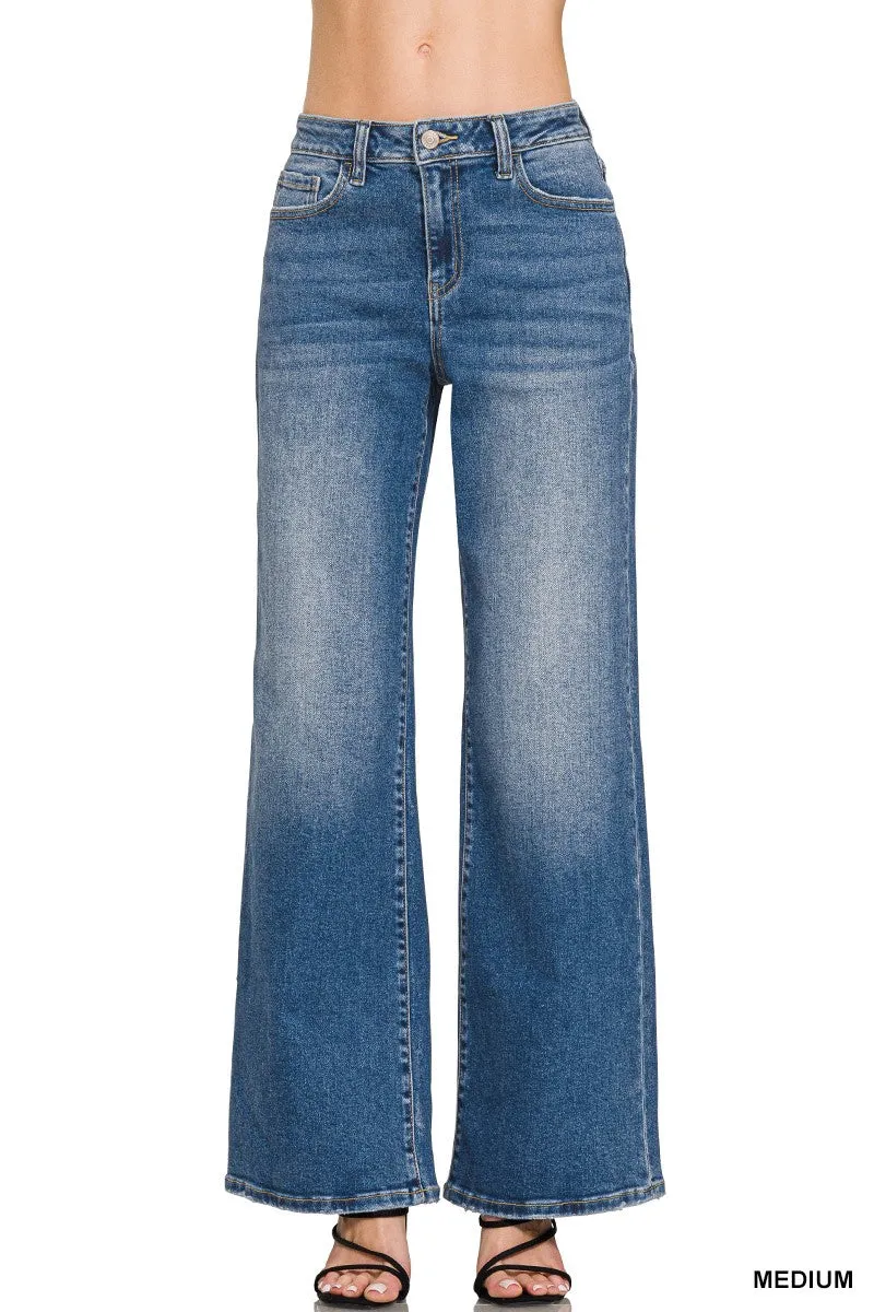 HIGH WAIST STRAIGHT LEG MEDIUM WASH DENIM PANTS